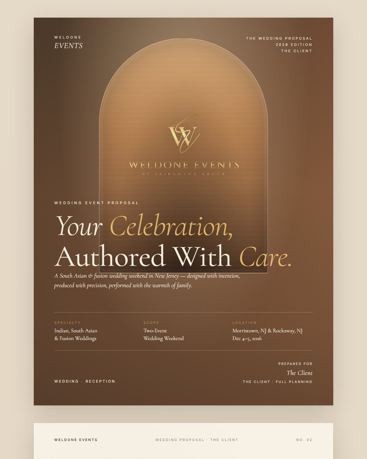 Weldone's rebuilt proposal cover: the Weldone monogram set in an arch under the headline Your Celebration, Authored With Care, with the specialty, scope, and location named.