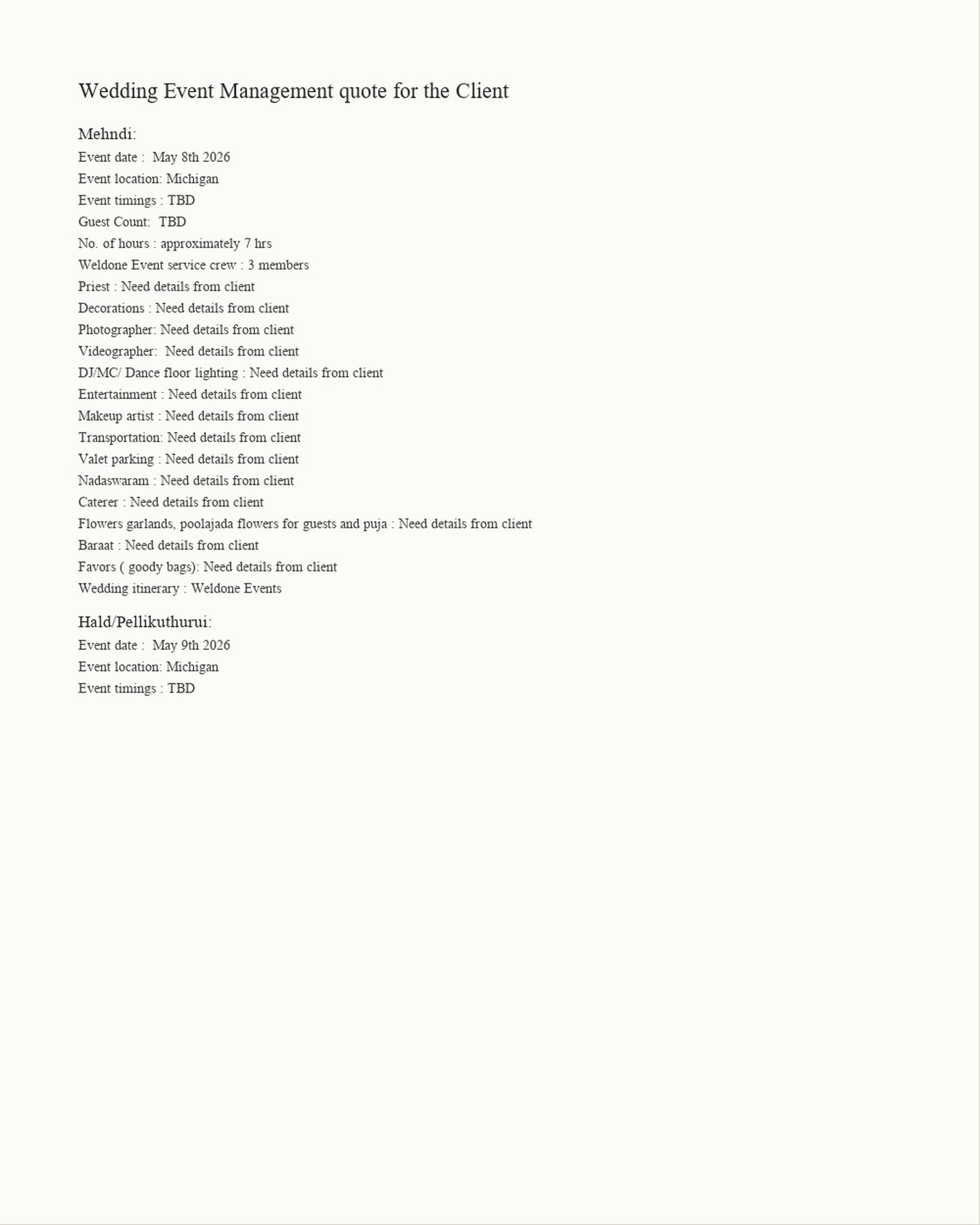 Weldone's original quote: a plain typed checklist with the words need details from client beside most line items and the dates left as TBD.